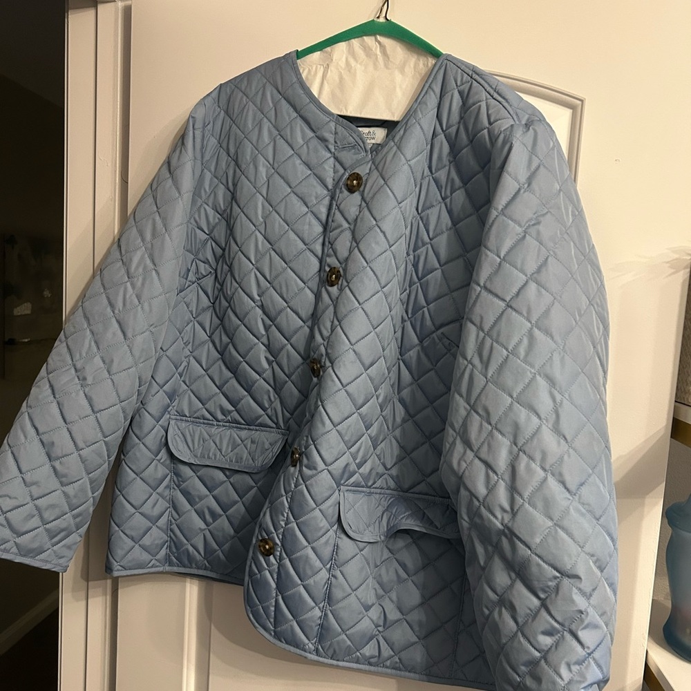 Lightweight puff quilted-like jacket in baby blue with leopard buttons size 2X.